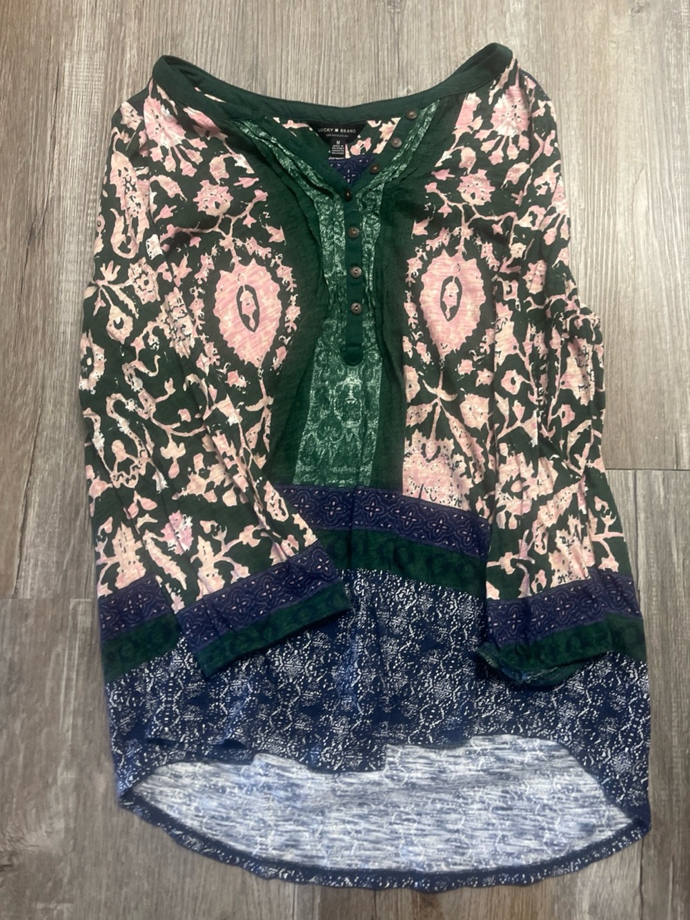 Lucky Brand Peasant Top Womens Green Floral Boho Long Sleeve Size Medium
